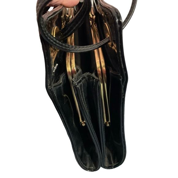 Mid Century Handbag Black Patent Double KISS Lock - Picture 7 of 11